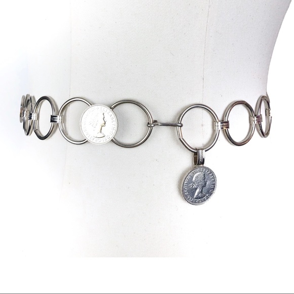 Vintage British Silver Elizabeth Coin Money Chain Circle Waist Belt Boho Grunge - Picture 6 of 6
